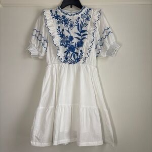 Umgee Embroidered Floral Mini Dress Off White Short Puff Sleeves Cotton NWT